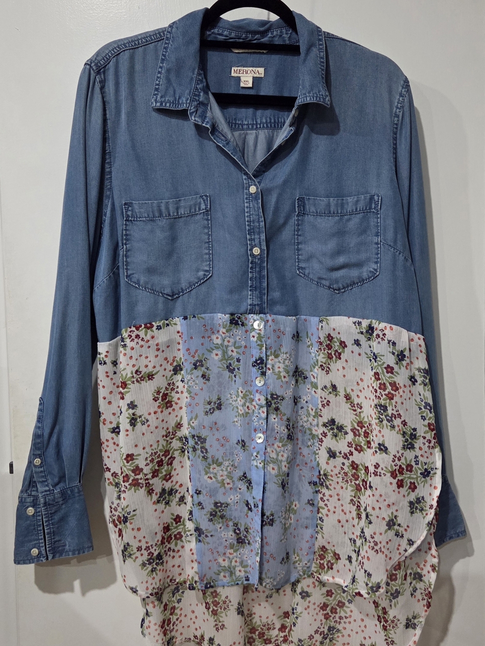 Denim and Floral Mixed-Media Button-Down Top